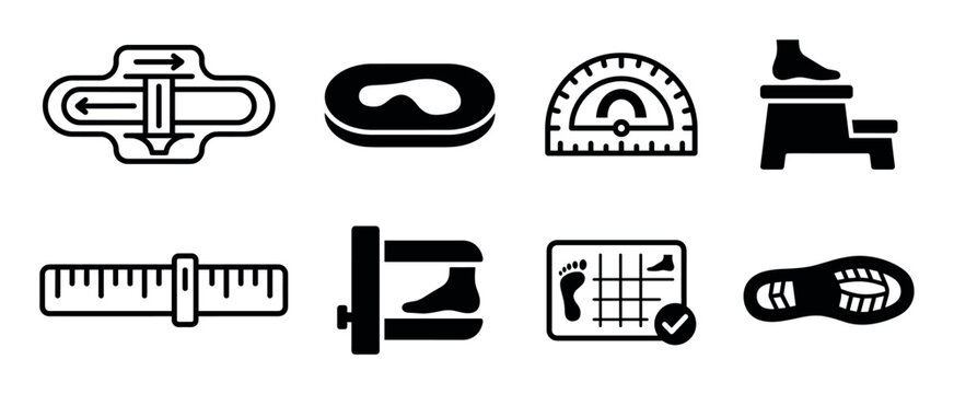 Set of black glyph icons for foot measurement and orthopedic care, including a foot sizer, goniometer, pressure plate, and custom insole symbols for podiatry concepts