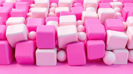 Obraz premium Pink cubes, spheres create abstract composition. Glossy surfaces reflect light, forming playful texture. Minimalist design, vibrant color palette.
