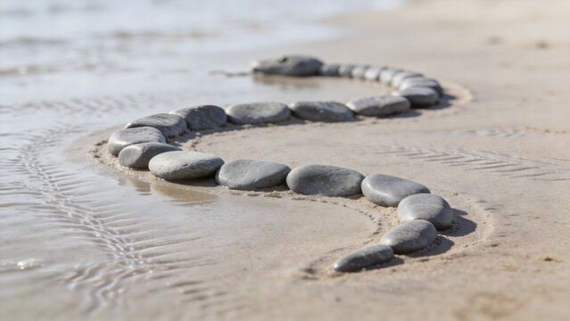 Outline of a plesiosaur made from grey river stones on a sandy beach.