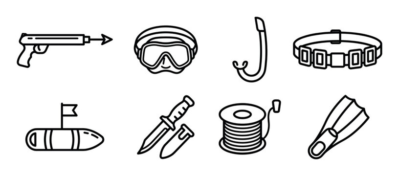Spearfishing and diving gear icon collection featuring a harpoon, goggles, fins, knife, and weight belt, presented in a minimalist black outline vector illustration