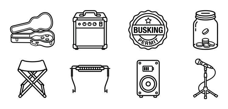Set of black outline busking icons showing a guitar case, amplifier, microphone, speaker, harmonica, tip jar, stool, and a permit for a street performer