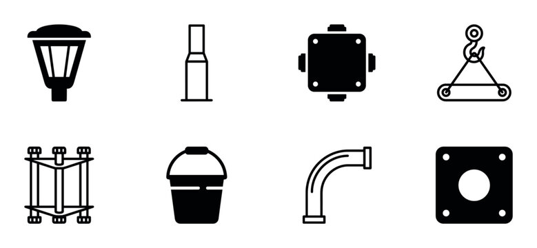 Set of black industrial and construction icons featuring a street lamp, bullet, junction box, crane hook, scaffolding, bucket, pipe, and flange in a minimalist graphic style