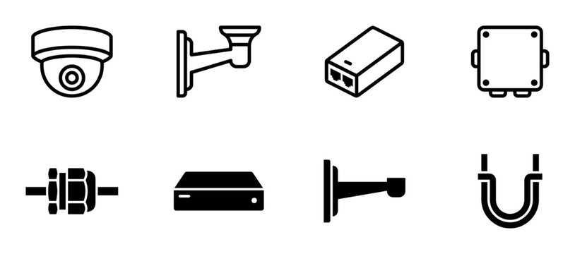 Set of black video surveillance icons showing a security camera, DVR, connectors, and mounting hardware in a minimalist glyph and line art style