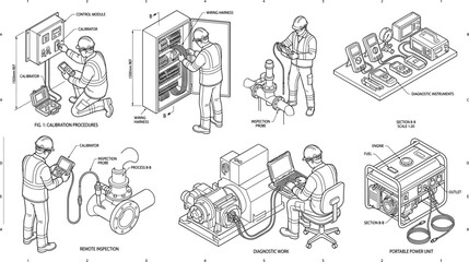 Obraz premium Technical schematics of industrial maintenance, calibration procedures, and diagnostic work by professional engineers
