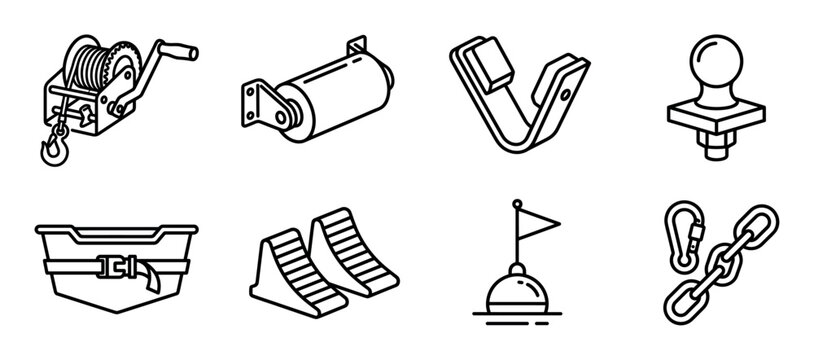 Collection of boat trailer accessory icons featuring a hand winch, hitch ball, wheel chock, and buoy depicted in a simple black and white outline vector illustration style