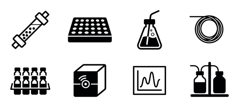 Set of black chromatography icons showing a column, well plate, flask, vials, and chromatogram for scientific analysis and research in a minimalist glyph style collection