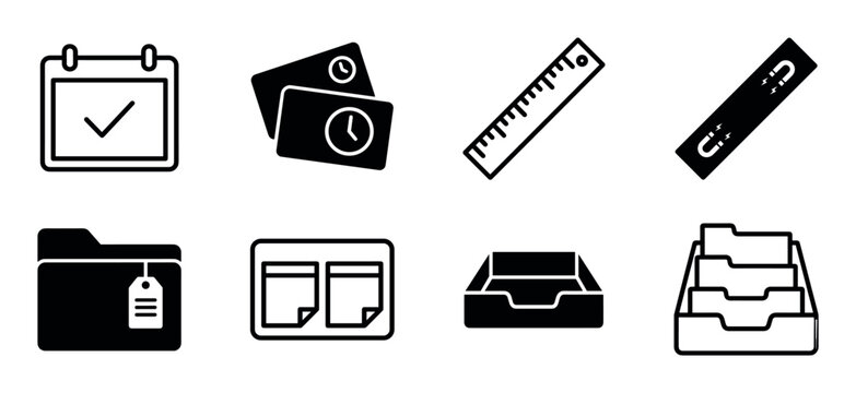 Set of black office and business icons for productivity, including a calendar, folder, ruler, and organizer symbols for web and app user interface design