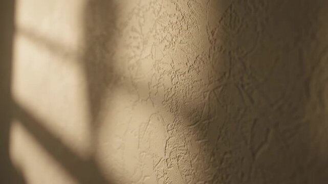 Close-up textured beige wall surface with diagonal shadow patterns, abstract background, warm light, serene mood
