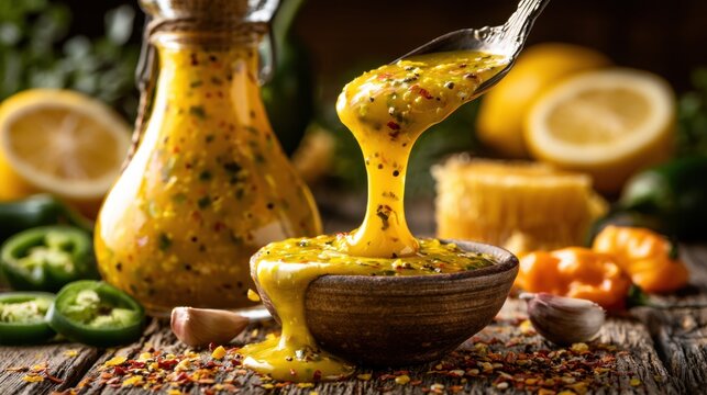 Spicy honey mustard sauce dripping from a silver spoon into a small ceramic bowl. Fresh ingredients like lemons, garlic cloves, green chili peppers, and red pepper flakes on a rustic wood table.