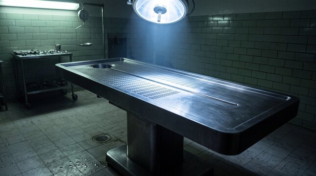 Empty stainless steel autopsy table illuminated by a single spotlight in a clinical morgue room, representing forensic pathology, criminal investigation, medical examination and true crime concept