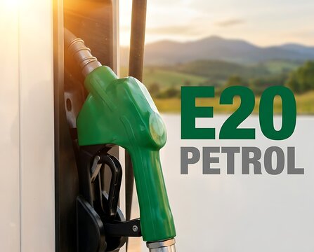 Green petrol nozzle at gas station, E20 fuel label, sunset, mountains, scenic landscape background, fueling, energy, transportation, vehicle service, alternative fuel.