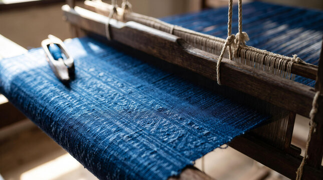 Traditional wooden handloom weaving intricate patterned fabric with wooden shuttle in sunlight