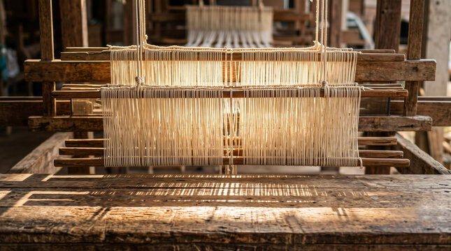 Close up of vertical warp threads on a traditional rustic wooden handloom glowing in bright sunlight
