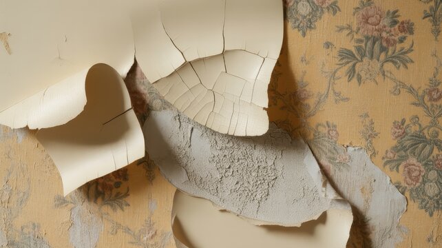 Vintage peeling wallpaper with floral pattern, cracked old paint layers on abandoned wall, grunge texture of decaying interior renovation