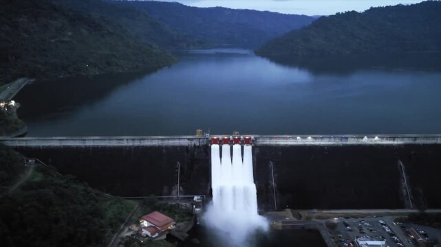 Majestic concrete dam engineering structure releases powerful water torrents from deep mountain reservoir. Hydroelectric energy generation station facility produces clean power under twilight sky