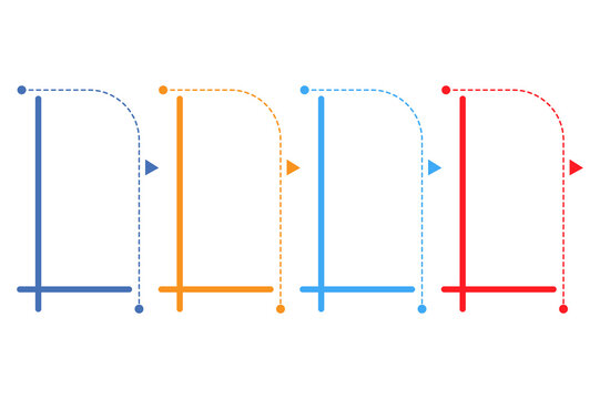 Four step vertical timeline infographic frames with colorful borders and dotted path lines for sequence and workflow presentation.