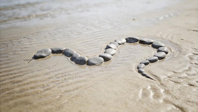 Outline of a plesiosaur made from grey river stones on a sandy beach.