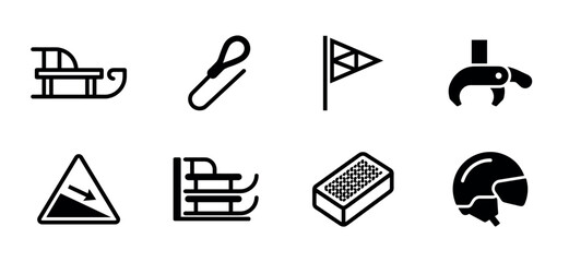 Fototapeta premium Set of black winter sport icons for sledding and bobsleigh, featuring a sled, helmet, flag, downhill sign, and other equipment in a minimalist glyph pictogram style