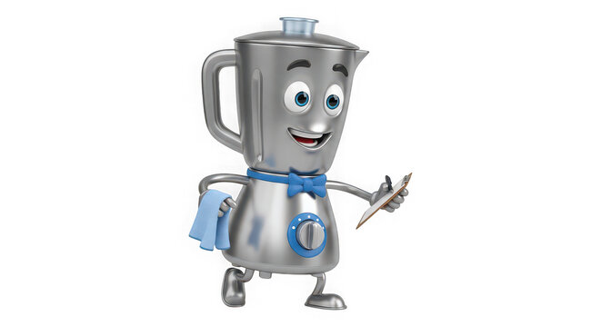 Happy cartoon blender character holding a pencil and a towel