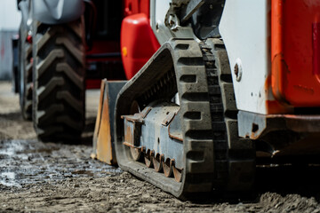 Fototapeta premium Continuous rubber tracks on a specialized engineering tractor parked on muddy dirt ground representing civil building site development logistics