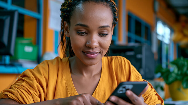 Young female agricultural entrepreneur in a rural microfinance office reviewing a loan approval notification on her phone from an agri-fintech platform that assessed her creditworthiness using satel