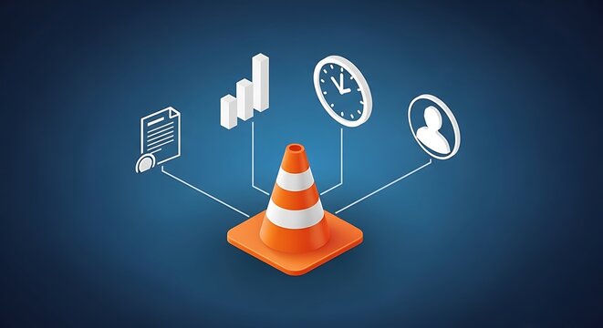 Isometric image features an orange cone connected to document, graph, clock, and person icons