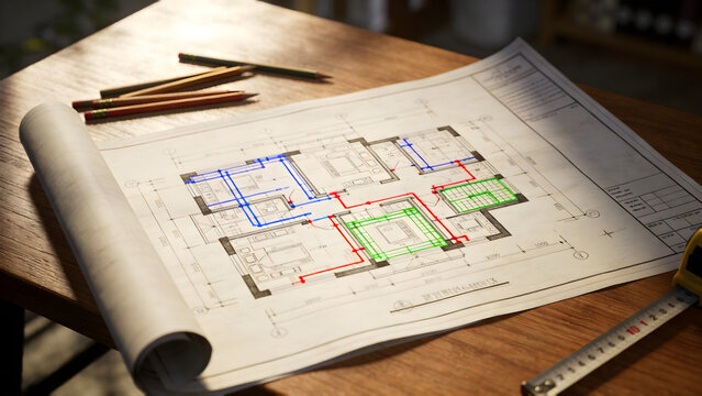 subcontractor. Architectural blueprint with color-coded sections for subcontractor responsibilities. real-estate listings.