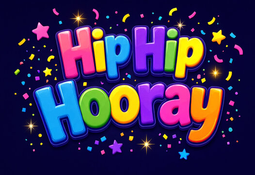 Colorful hip hip hooray celebration text with stars and confetti isolated on transparent background