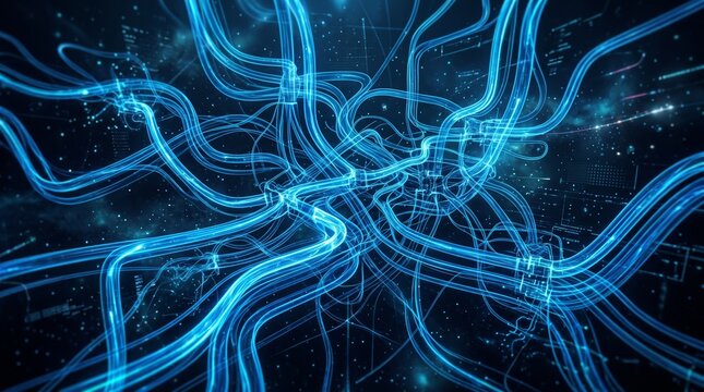 A complex network of glowing blue lines spiraling across a dark star‑like background, symbolizing digital connectivity, neural networks, and futuristic data flow.