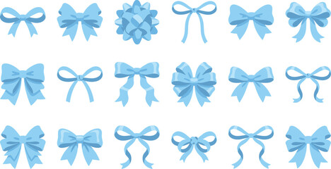 Blue gift ribbon bow set vector illustration featuring various decorative knots for birthday christmas wedding presents and greeting card decoration on white background. © Lili Begum
