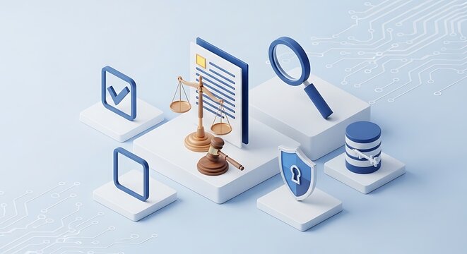Isometric legal concept illustration, symbols of justice, data privacy, and compliance elements