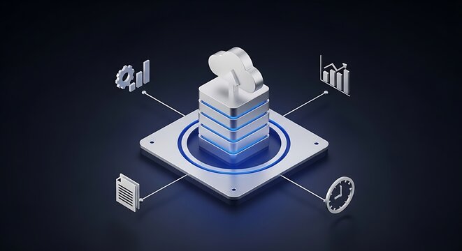 Isometric server with cloud icon and data analysis graphics