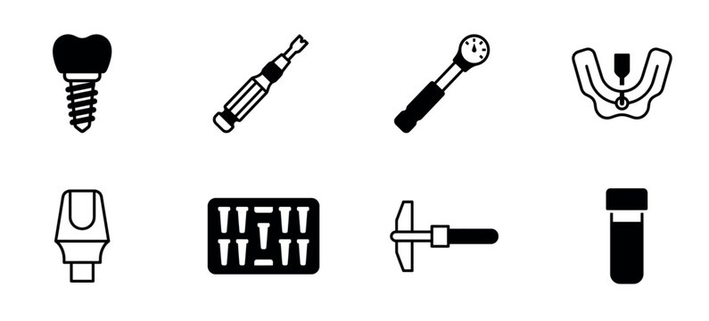 Set of black dental implant icons for prosthodontics featuring a screw, crown, abutment, torque wrench, and surgical guide, presented as a minimalist vector glyph collection