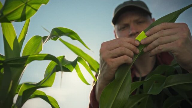 A close-up of a farmer's hands inspecting green corn leaves is visible against a blurred background. A farmer in a cap is visible in an open field. Agronomy and crop monitoring concept