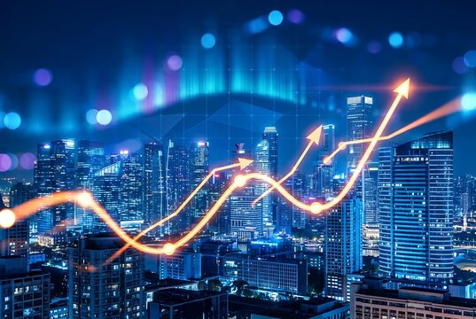 Abstract growing financial graph over modern city skyline at night representing economic growth and business success with digital overlay.