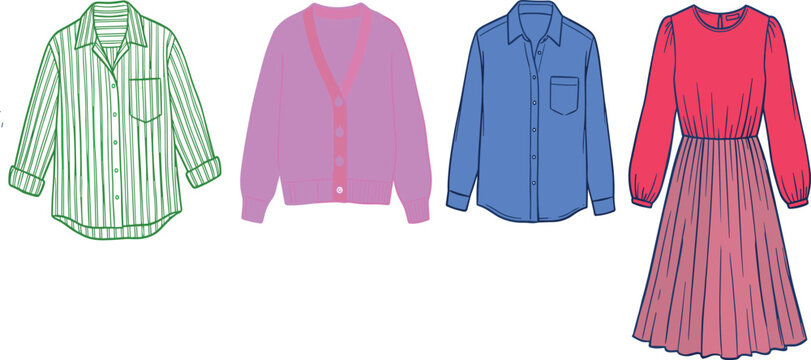 Colorful casual apparel clothing vector illustration set with striped shirt pink cardigan blue button up and pleated dress isolated on white.
