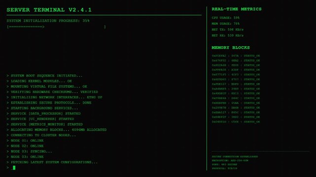 Server Terminal System Initialization Real-Time Metrics Animation.