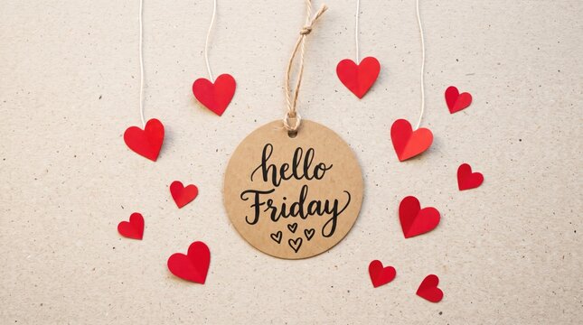 Festive 'hello friday' card with red hearts on textured beige background