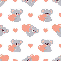 Seamless pattern with cute koalas hugging large hearts
