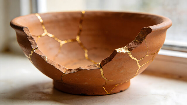 Broken terracotta pot repaired with golden kintsugi patterns on a minimalist background.