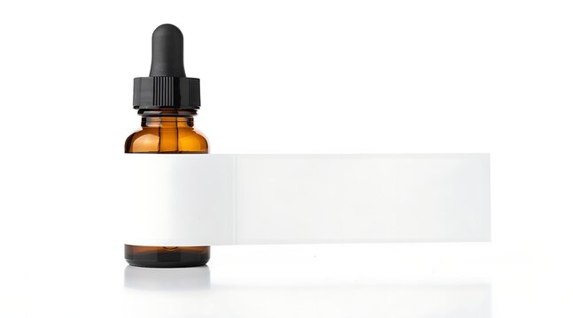 Amber glass dropper bottle with blank label and white copy space.