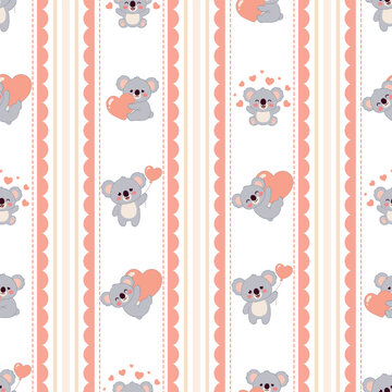Seamless pattern with cute koalas and hearts on a striped background