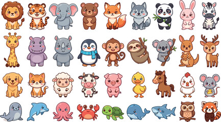 Cute baby animals cartoon mega vector icon set with wild safari farm forest polar and marine creatures isolated on white background. © Lili Begum