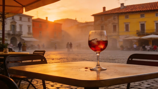 Italian piazza at golden hour with an outdoor cafe table.