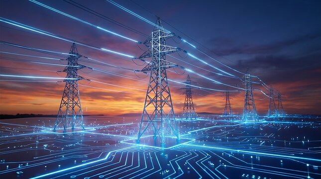 Conceptual visualization of digital energy flow, high voltage power lines over glowing circuit board patterns, abstract technology and power distribution at dusk.