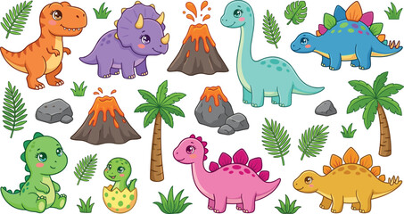 Cute cartoon dinosaur vector clipart set featuring baby tyrannosaurus triceratops stegosaurus volcanos and palm trees isolated on white background. © Lili Begum