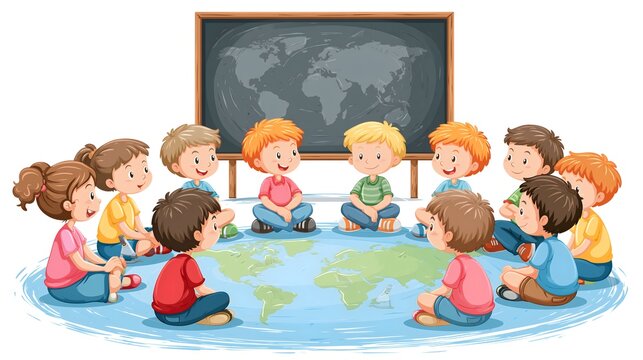 Diverse group of children sitting cross-legged in a circle around a floor world map with a chalkboard globe backdrop for education material