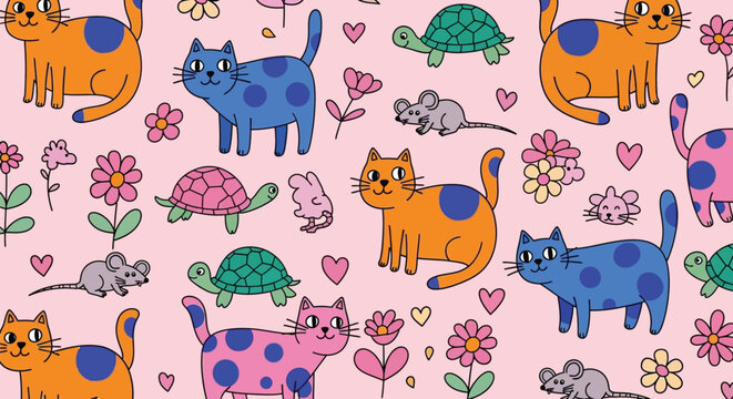 Cute cartoon cats, turtles, and mice with flowers Vector