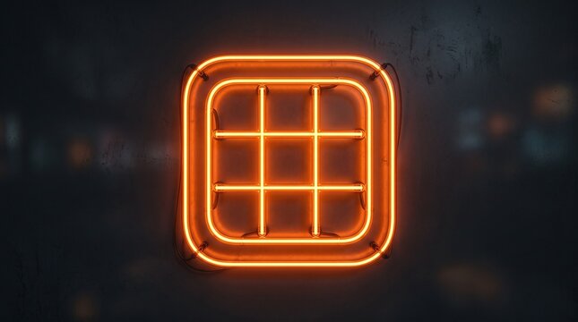 A glowing neon orange 3x3 grid icon with futuristic rounded square border against a dark background, symbolizing digital structure, order, and modern interface design.