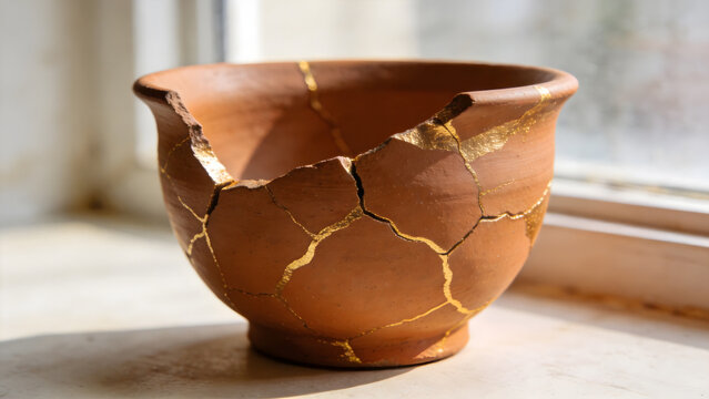 Broken terracotta pot repaired with golden kintsugi patterns on a minimalist background.
